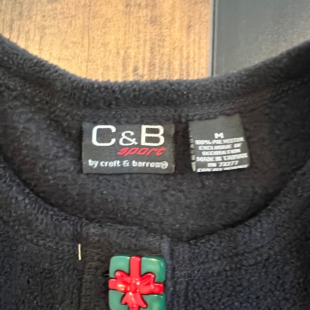 C&B Sport Croft & Barrow Black Fleece Christmas Cardigan Embroidered Medium - Picture 3 of 7
